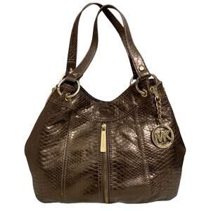 MICHAEL KORS Bronze Snakeskin Embossed Leather MOXLEY Shoulder Tote